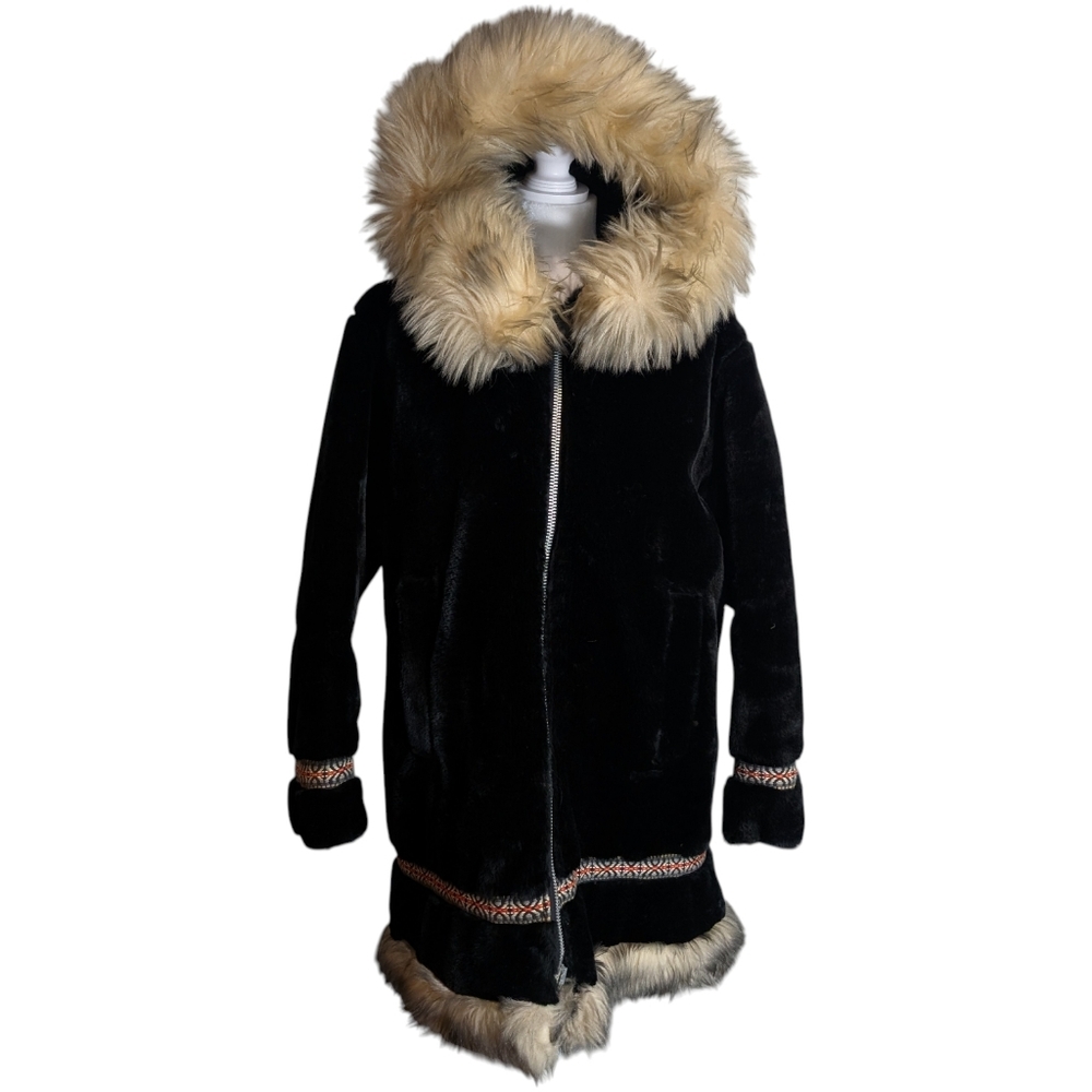 Vintage Stearns Aztec Black Parka Women's Medium USA Made Faux Fur